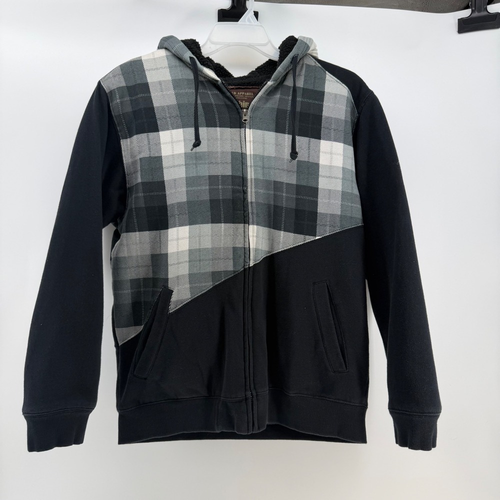 Machine Hoodie Men Large Black Grey Plaid Sherpa Lined Full Zip Heavy Y2K Grunge